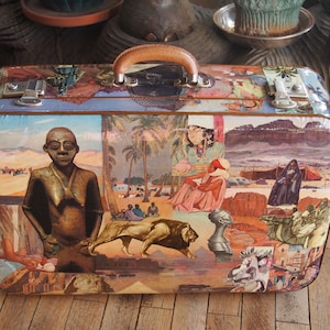 Vintage suitcase, paper composition, various storage, decorated suitcase, African landscape, hand luggage, art and antiques, original decoration