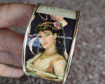 Bracelet cuff silver brass collage paper art deco advertising persian woman smoking a cigarette "KALIMA"