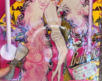 Boîte carrée en bois rose et jaune collage papier danseuse de cabaret art déco "BARBETTE"