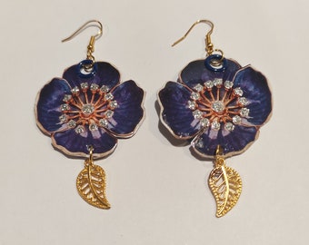 Fancy earrings, blue flowers, golden leaves, handmade, art deco jewelry, artistic jewelry, unique piece, hanging loop