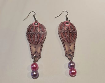 Fantasy hot air balloon earrings with silver and pink rhinestones with pink and purple pearl beads