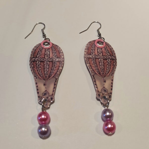 Boucles d'oreilles fantaisie, montgolfière, strass argent rose, perle nacrée, boucle art nouveau, boucle fantaisie, pièce unique, fait main