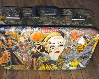 Grande valise vintage fond moucheté en collage papier mode femmes 1930 "Ce que femme veut"