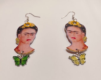 Frida KAHLO fantasy earrings with green and yellow enameled butterfly charms