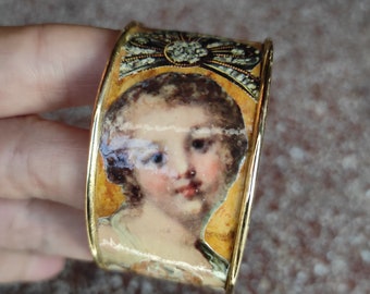 Gold brass cuff bracelet paper collage portrait of a young girl in Renaissance style on a marble background "AURORE"