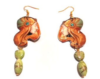 Fancy earrings, designer jewelry, art nouveau earrings, artisanal jewelry, dangling earrings, green pearls, unique