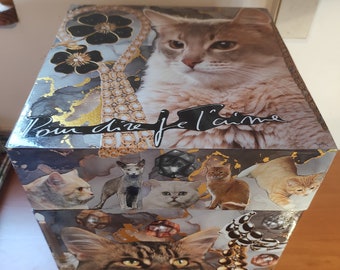Large square wooden box for storing various decorative items with the theme of cats of various breeds, cut-out paper collage "CRAZY CATS"