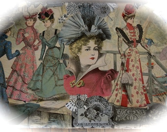 Grande valise ancienne avec collage gravures des demoiselles mode 1886 "BALADE CHAMPETRE"