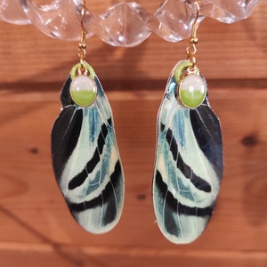 May include: A pair of earrings featuring a green and white cabochon with a gold setting. The earrings are shaped like butterfly wings with black and white patterns.