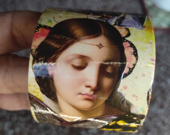 Cardboard cuff bracelet portrait of a renaissance woman with butterflies in paper collage "DÉBORAH"