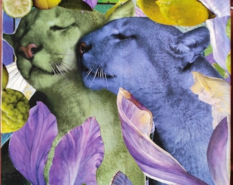 Square wooden box with paper collage of two cuddly panthers in green and purple with an entourage of foliage, flowers, lemons "ZESTE DE TOI"