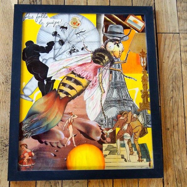 Tableau "Pas folle la guêpe" collage sur toile cartonnée avec encadrement bois noir