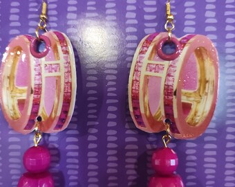 Fancy earrings, designer jewelry, round earrings, artisanal jewelry, dangling earrings, fuchsia pink pearls