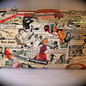 Large vintage suitcase with collage and fashion and kitchen paper composition from the 1950s &quot;CADILLAC&quot;