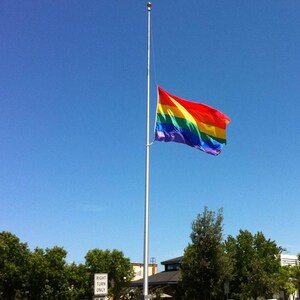 Puede incluir: Una bandera arcoíris del orgullo ondea a media asta en un asta de bandera contra un cielo azul brillante. La bandera ondea con el viento. El asta de bandera está frente a un edificio con árboles en el fondo.