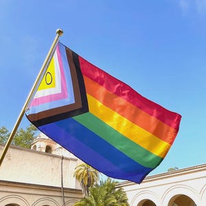 May include: An Intersex-Inclusive Progress Pride flag flying on a gold-colored metal pole against a clear blue sky. The flag features horizontal stripes of red, orange, yellow, green, blue, and violet, with a chevron containing black, brown, light blue, pink, white, and a yellow triangle with a purple circle.