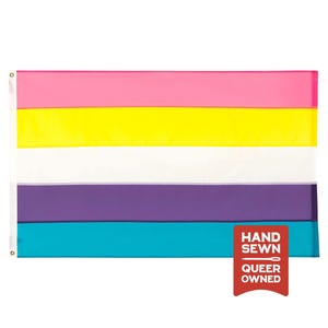 May include: A rectangular flag featuring five horizontal stripes in pink, yellow, white, purple, and blue. On the bottom right, a red rectangular tag displays the white text HAND SEWN QUEER OWNED with a small needle icon between the two phrases.