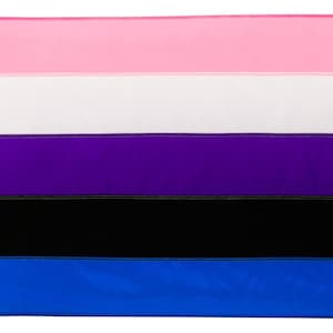 May include: A genderqueer pride flag with five horizontal stripes: pink, white, purple, black, and blue.