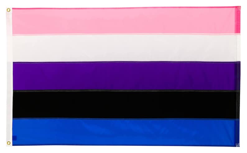 May include: A genderqueer pride flag with five horizontal stripes: pink, white, purple, black, and blue.