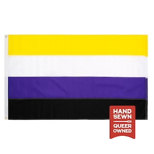 May include: A rectangular non-binary pride flag featuring four horizontal stripes in yellow, white, purple, and black. A red rectangular badge in the bottom right corner displays the white text HAND SEWN and QUEER OWNED with a needle icon.