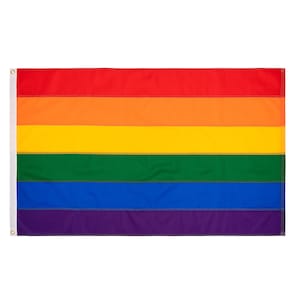 May include: A rainbow pride flag with six horizontal stripes in the colors red, orange, yellow, green, blue, and purple.