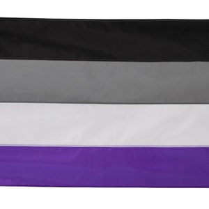 May include: Asexuality pride flag with four horizontal stripes: black, gray, white, and purple.