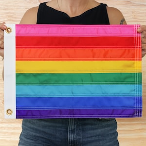 May include: A rectangular pride flag featuring horizontal stripes in pink, red, orange, yellow, green, light blue, dark blue, and purple. The flag has a white vertical header strip on the left side with two brass grommets for mounting purposes.