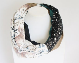 Infinity scarf with wolves patterns / wolf / Patchwork scarf / Loop scarf / Winter / Green / Ready to ship