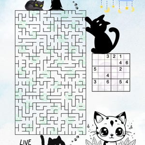 May include: A whimsical illustration featuring a maze, a Sudoku puzzle, and several black cat silhouettes. The image includes the text "LIVE .in the. MOMENT" and a cute cartoon cat with large eyes. Paw prints and celestial elements complete the design.