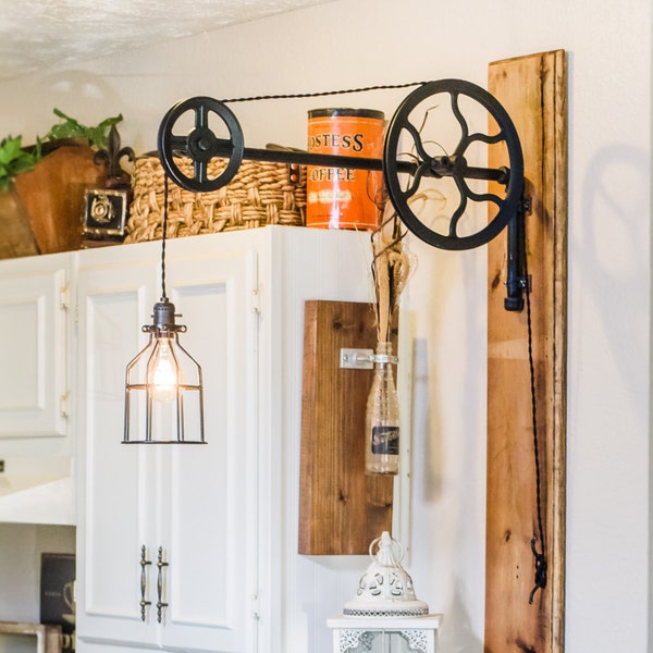 Edison Industrial Pulley Light on a Rustic Wall Plank