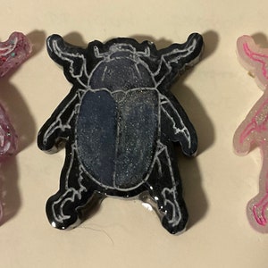 May include: Three resin beetle pins with glitter. The first beetle is pink with white glitter, the second is black with white glitter, and the third is white with pink glitter.