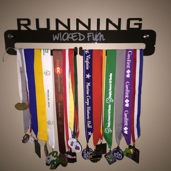 Running Medal Holder with Custom Engraving - Grey Acrylic Medal Rack or Race Bib Holder - Personalized Gift for Runner