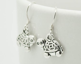 Turtle Earrings, Silver Earrings, Turtle Jewelry, Charm Earrings, Bridesmaid Gift, Gift for Her, Animal, Dangle Earrings, Antique Silver