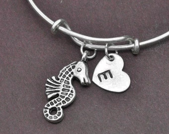 Seahorse Bangle, Sterling Silver Bangle, Seahorse Bracelet, Bridesmaid gift, Personalized Bracelet, Initial Bracelet, Bridesmaid Gift