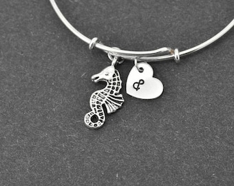 Seahorse Bangle, Sterling Silver Bangle, Seahorse Bracelet, Bridesmaid Gift, Personalized Bracelet, Bridesmaid Gift, Initial Bracelet