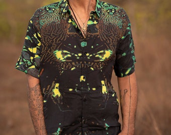 Green Wizard Men's Shirt Short Sleeve Bamboo Shirt Psychedelic Shirt Mens Printed Button Up Shirt Men Clothing Regular Fit Organic Shirt Men