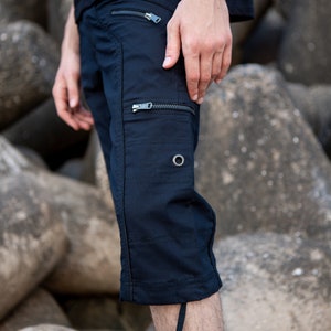 Dark Black NY Men&#39;s 3/4 Shorts Zip Pockets Pant Mens Below Knee Shorts Classic Black Shorts For Men Premium Cotton Cargo Shorts