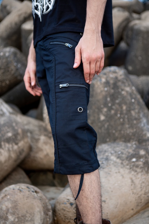 Dark Black NY Men's 3/4 Shorts Zip Pockets Pant Mens Below