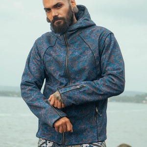 Men&#39;s Heavy Cotton Fleece Hoodie: Blue Occult Print Winter Jacket