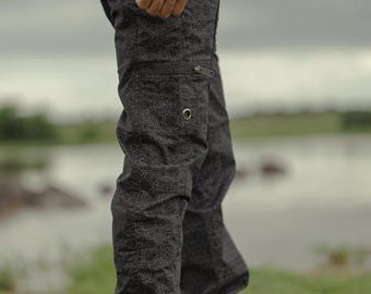 Men's Black Geometric Cargo Pants: Stretch Cotton Rave Festival Trousers