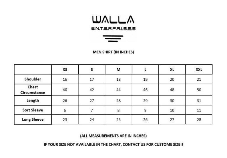 May include: A size chart for men's shirts in inches. The chart shows measurements for shoulder, chest circumference, length, short sleeve, and long sleeve. Sizes range from XS to XXL.