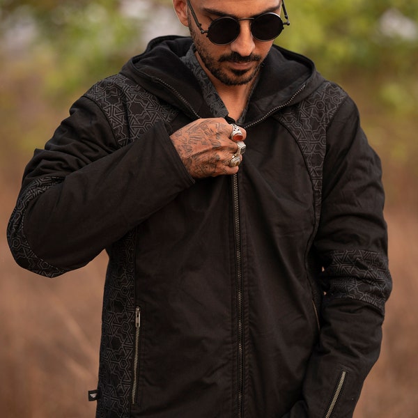 Men's Heavy Cotton Dobby Fleece Hooded: Pythagoras Print Winter Jacket