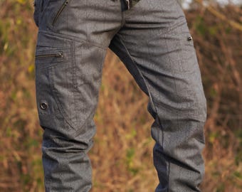 Men's Abstract Art Cargo Pants: Blue-Grey Rave Festival Trousers winter cargo pant multipocket pant for men artwear adventure pants
