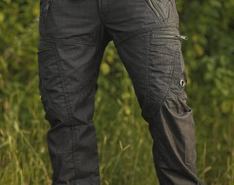 Men's Dark Grey Striped Cargo Pants: Multi-Pocket Rave Festival Trousers