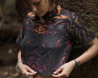 Bamboo Crop Top: "Straya" Art Print Button-Up Shirt