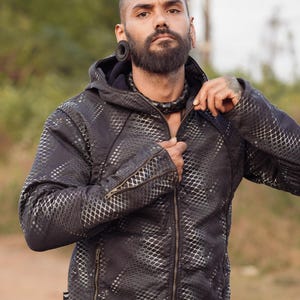 Men&#39;s Heavy Cotton Fleece Hoodie: Python Vortex Print Winter Jacket