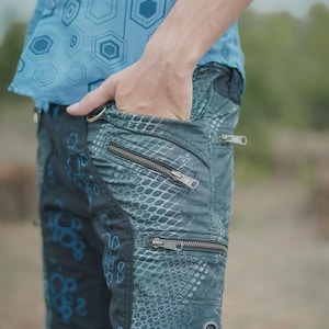 Mens Festival multi-pocket up-knee Cargo Shorts—Psy Print Cotton Rave Shorts with Zipper Pockets Goa Trance psytrance festival Cargo Shorts