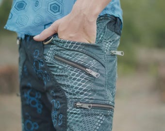 Men's Psytrance Cargo Shorts: Python Print Rave Festival above the knee length Shorts