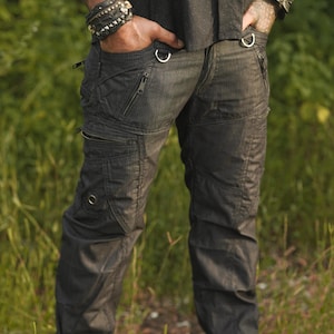 Men Multi Pocketed Cargo Pants | LA Grey Striped Travel Cargo Pant - Rave Festival Cargos, Party Pants, Casual Wear Pants, Biker Cargo Pant