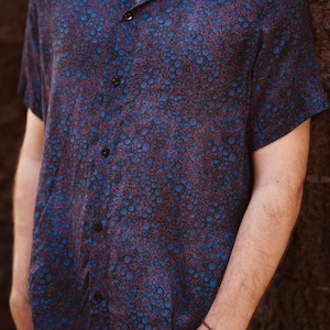 Men Cotton Shirt Bamboo Shirt Psytrance Wear - Blue Molecule Print, Unique Artwear Party Wear Shirt, Summer Wear Shirt, Rave Festival Outfit